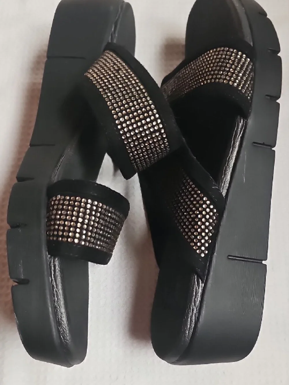 Yellow Box Black Slide Sandals with Metallic Stud Straps - Picture 4 of 5